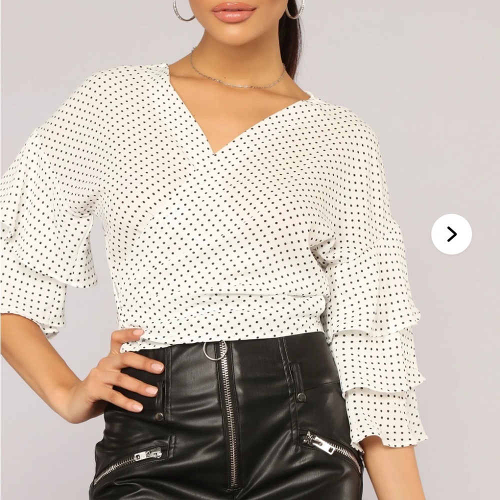 FASHION NOVA BLACK AND WHITE POLKA DOT WRAP TOP